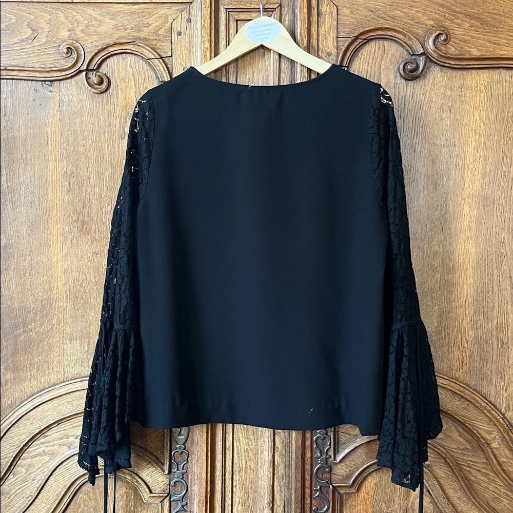 Karen Kane Black Tie Lace Bell Sleeve Crepe Top - Picture 7 of 11